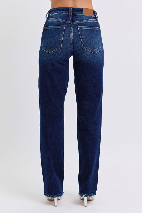 Judy Blue Dark jeans back view, straight leg, two back pockets, raw hem