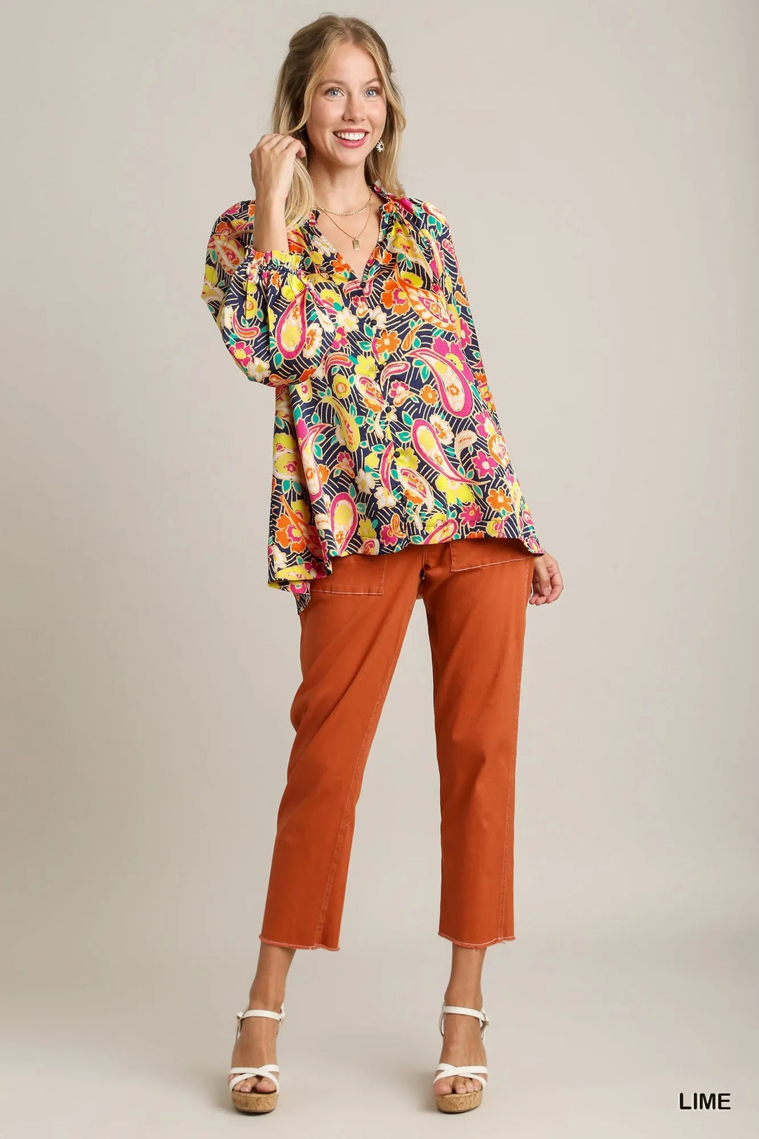 Multicolor paisley button-up shirt with ruffle neck, long sleeves, front button placket