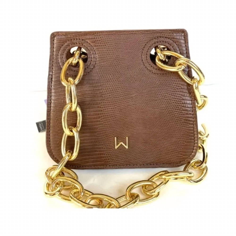 Brown lizard-embossed mini bag, gold chain strap, front flap with W emblem