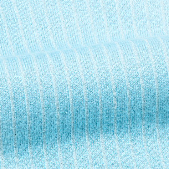 Close-up of light blue bamboo trouser sock fabric with fine striped rib knit