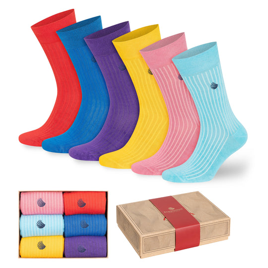 Men’s bamboo dress &amp; trouser socks 6-pack, striped colors (red, blue, purple, yellow, pink)