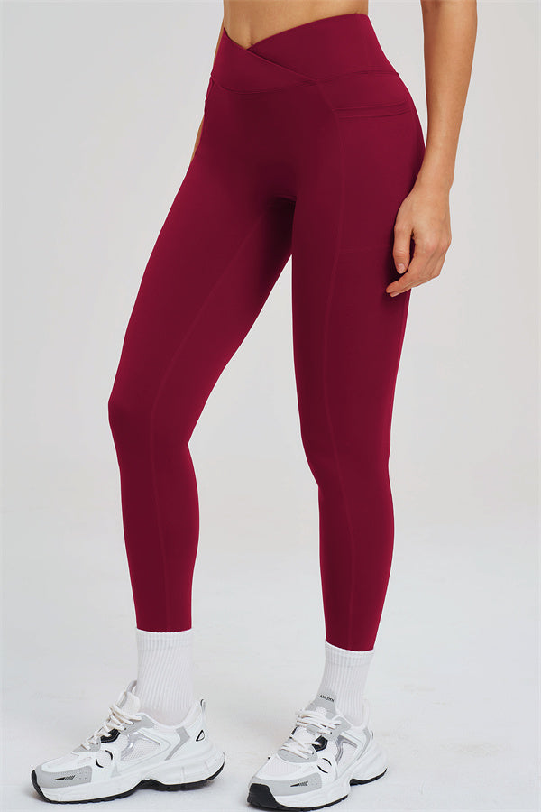 Burgundy high-waist leggings, side view