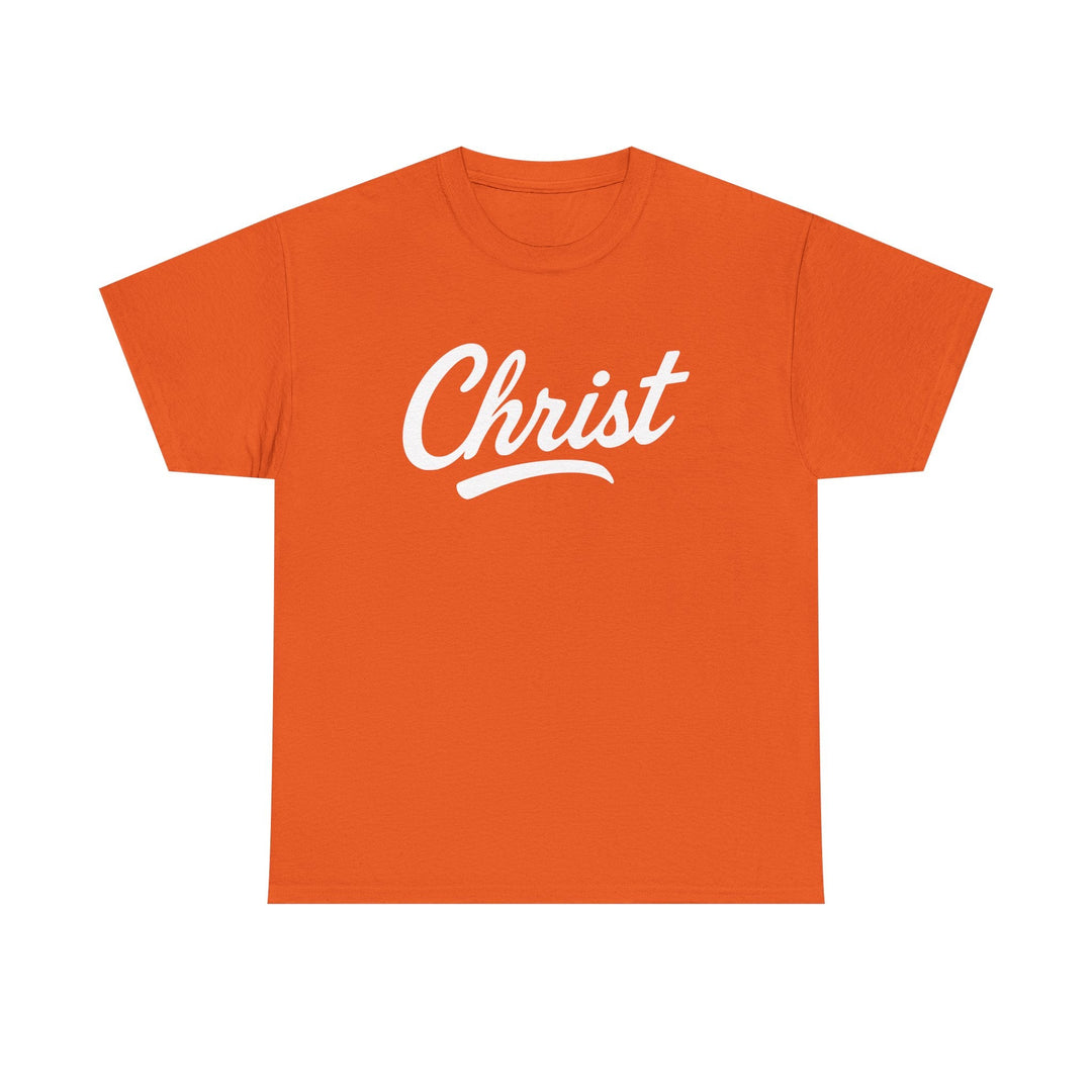 Orange unisex T-shirt with "Christ" script graphic on front