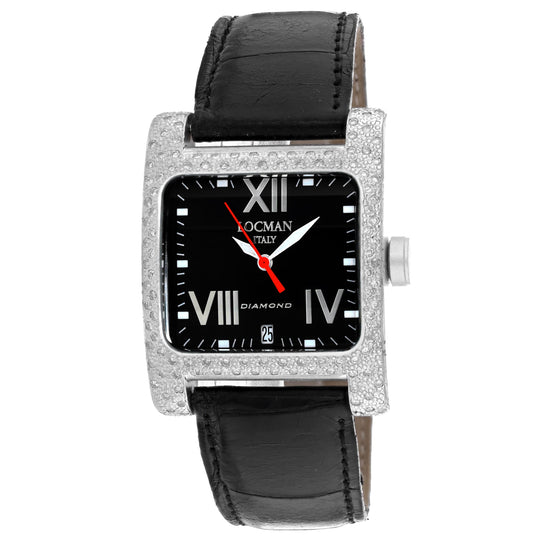 Square watch with black dial, Roman numerals, red second hand, diamond bezel, leather strap