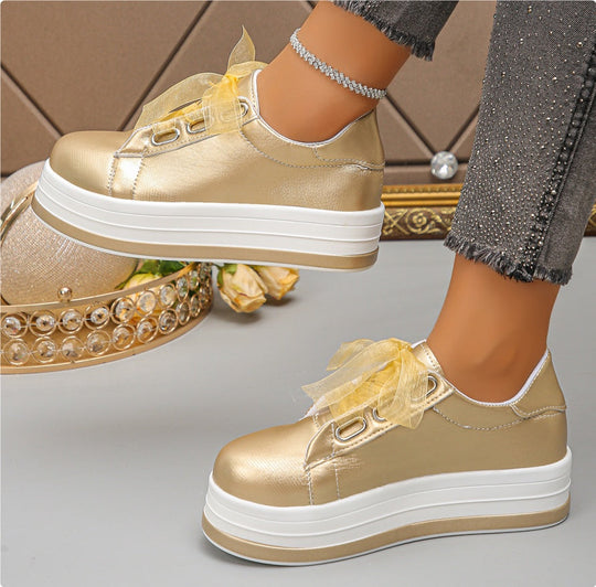 Gold metallic lace-up platform sneakers, round toe, tulle bow accent, white sole
