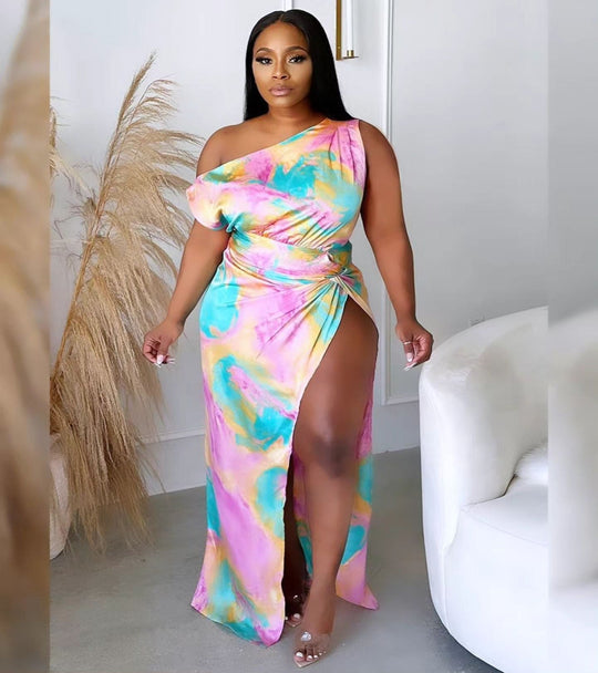 Aura off-shoulder maxi dress in multicolor swirl print with front tie and side slit