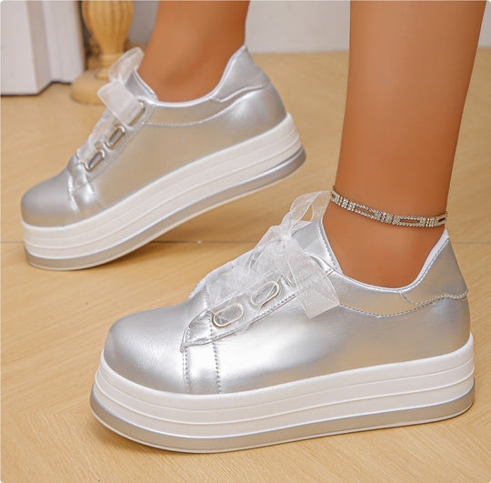 Silver lace-up platform sneakers with tulle bow, round toe, rhinestone ankle chain