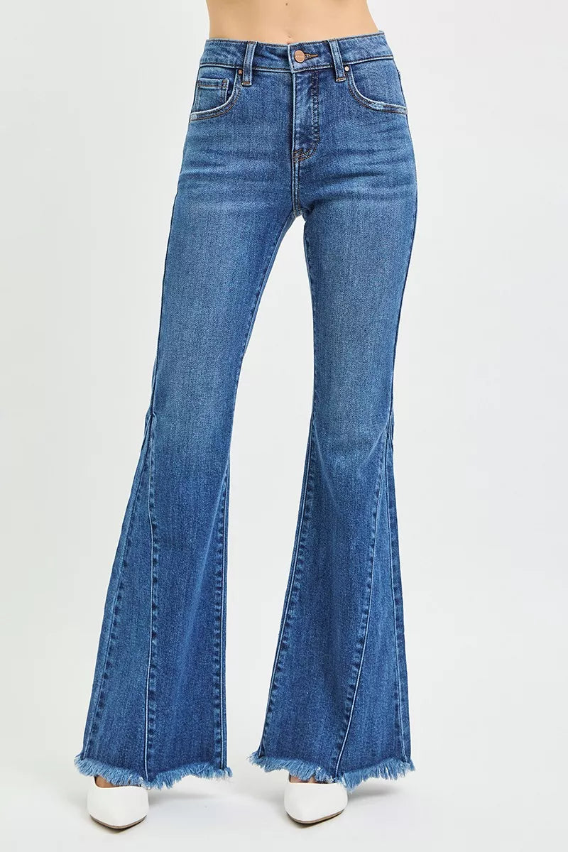 RISEN mid-rise flare jeans, dark wash denim, side seam detailing