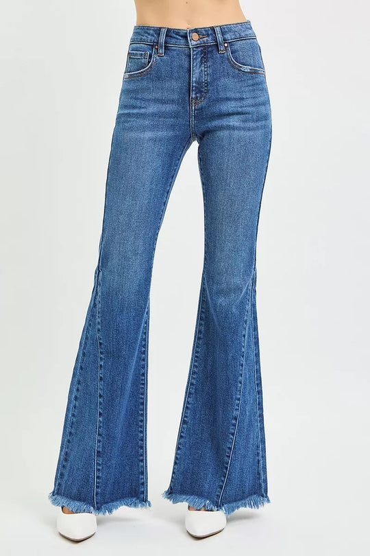 RISEN mid-rise flare jeans, dark wash denim, side seam detailing