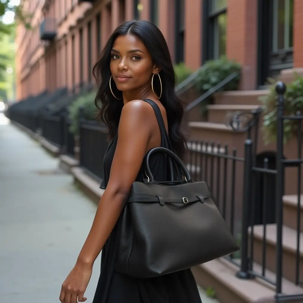 Black XL belt tote bag with front buckle detail and long top handles