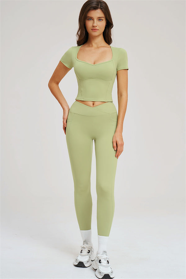 Olive green fitted crop T-shirt and leggings set, front view