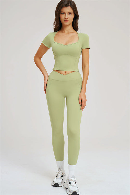 Olive green fitted crop T-shirt and leggings set, front view