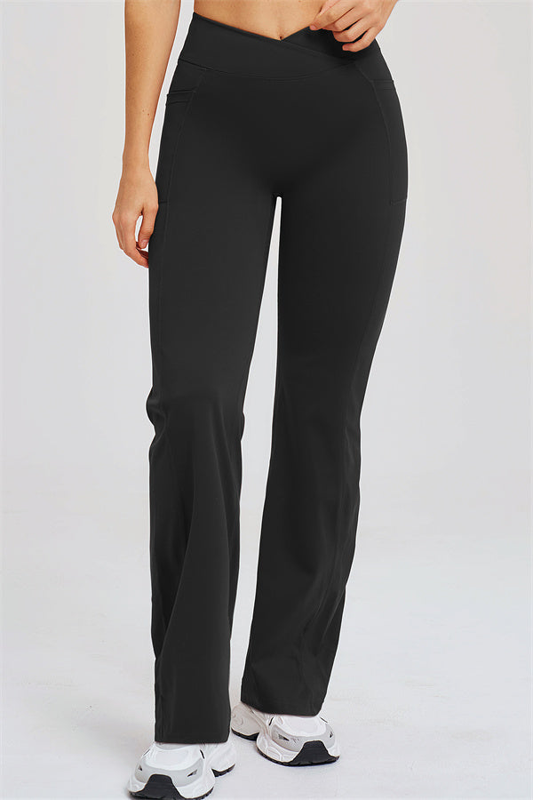 Black flared leggings, front view with smooth sculpted seams