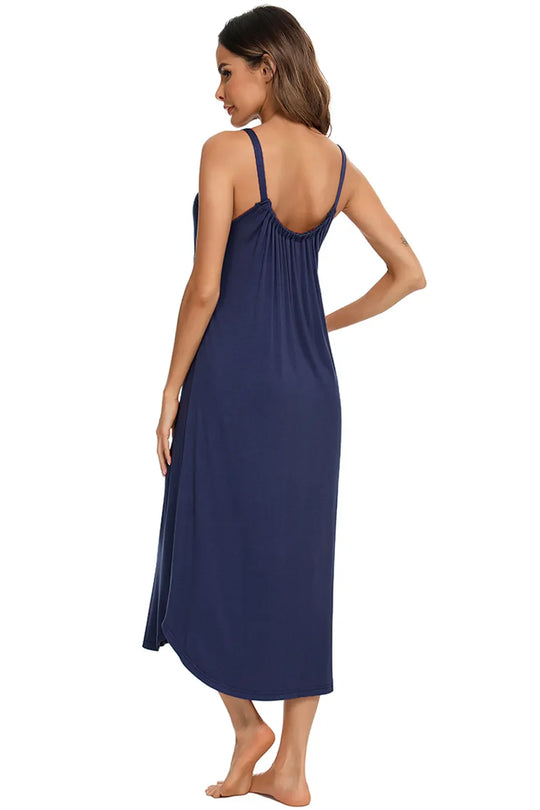 Dark blue V-neck midi lounge dress, open back with thin straps and gathered waist