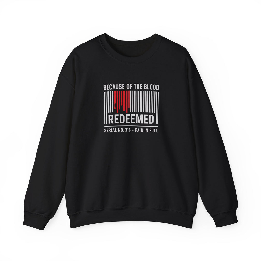 Unisex black crewneck sweatshirt with barcode-style “REDEEMED” graphic and red ink