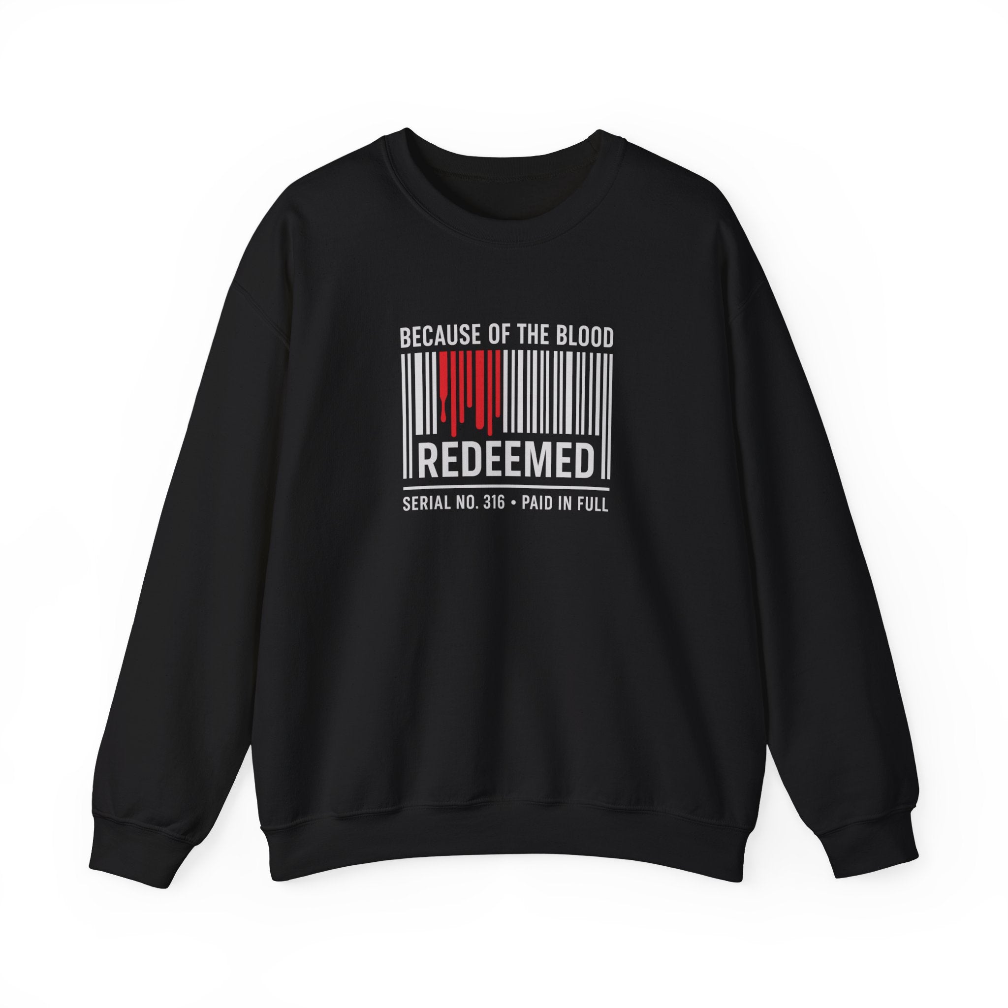 Unisex black crewneck sweatshirt with barcode-style “REDEEMED” graphic and red ink