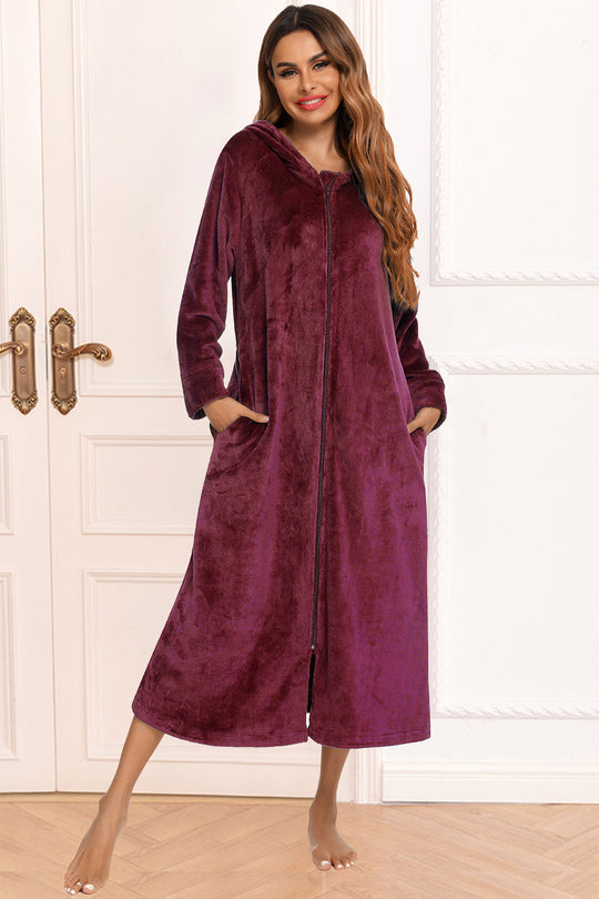 Wine zip-front hooded night dress with pockets, long sleeves, midi length