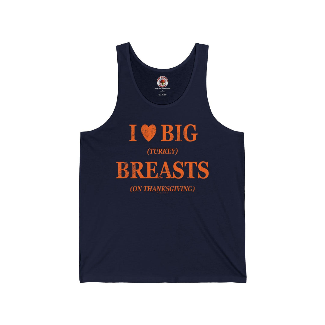 Navy tank top with “I ♥ BIG BREASTS” text and orange “Turkey” detail