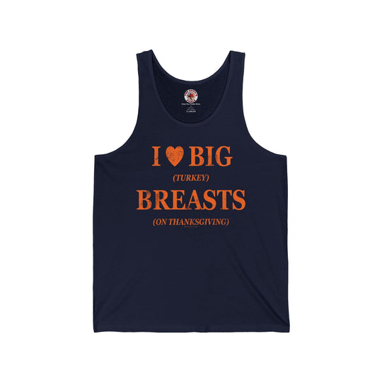 Navy tank top with “I ♥ BIG BREASTS” text and orange “Turkey” detail