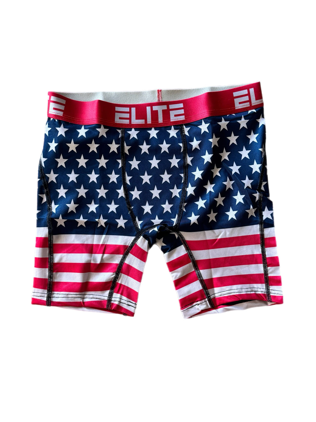 Men’s stars and stripes boxer briefs with red, white, and blue elastic waistband