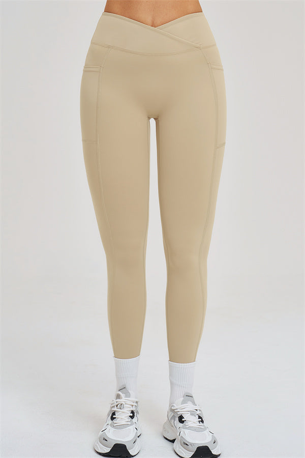 Almond high-rise leggings, back view with center seam