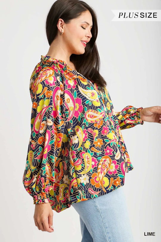 3/4 sleeve view of multicolor paisley satin shirt with gathered ruffle collar