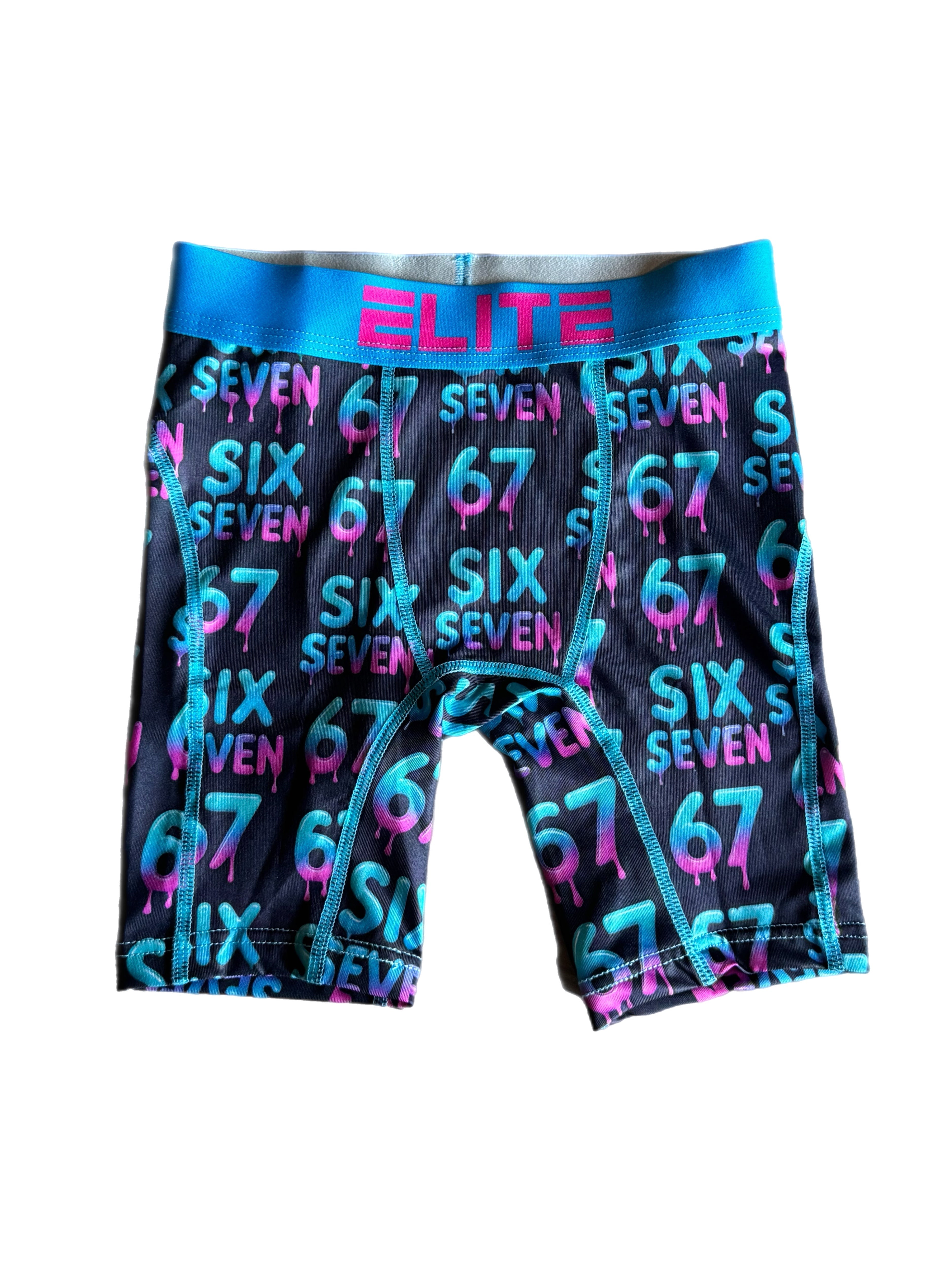 Youth boxer briefs: teal waistband, black with teal and purple “67” and “six seven” print