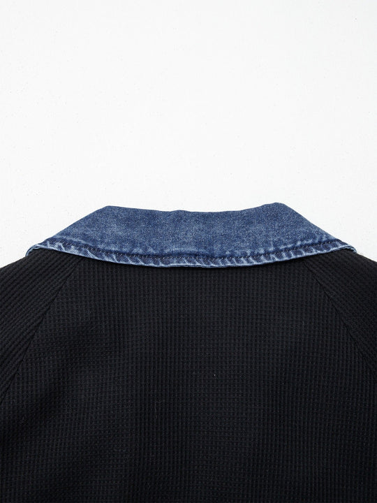 Denim-trim collar on black polo top, short sleeves