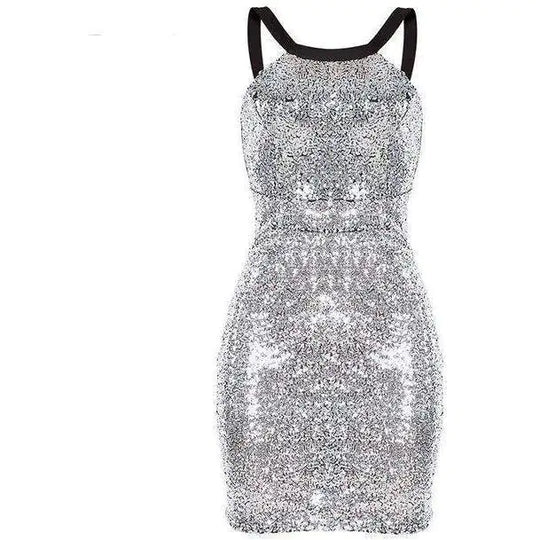 Silver sequin fitted mini dress with halter neckline and black tie shoulder straps
