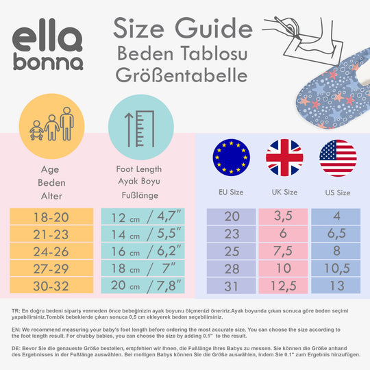 Children’s sea shoes size guide chart with EU/UK/US sizes