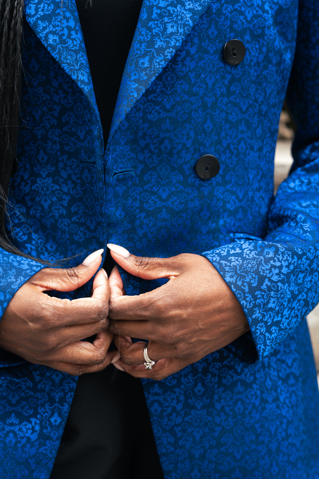 PREMIER blazer blue patterned, lapels and two black buttons visible