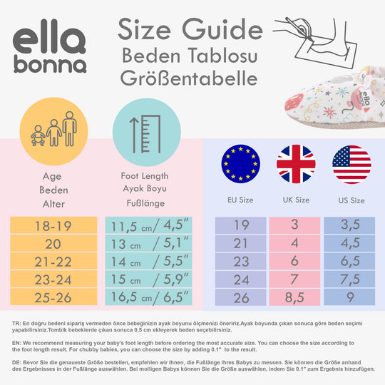 ella bonna size guide chart for baby slipper sizes