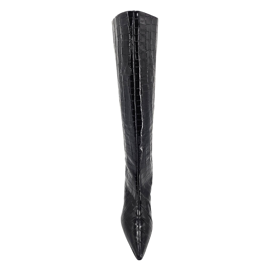 Black Tall Moc Croc Pointy Toe Kitten Heel Boot