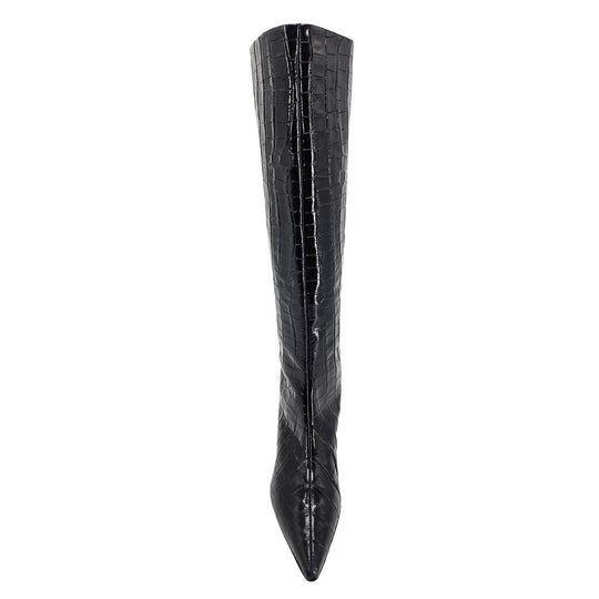 Black Tall Moc Croc Pointy Toe Kitten Heel Boot