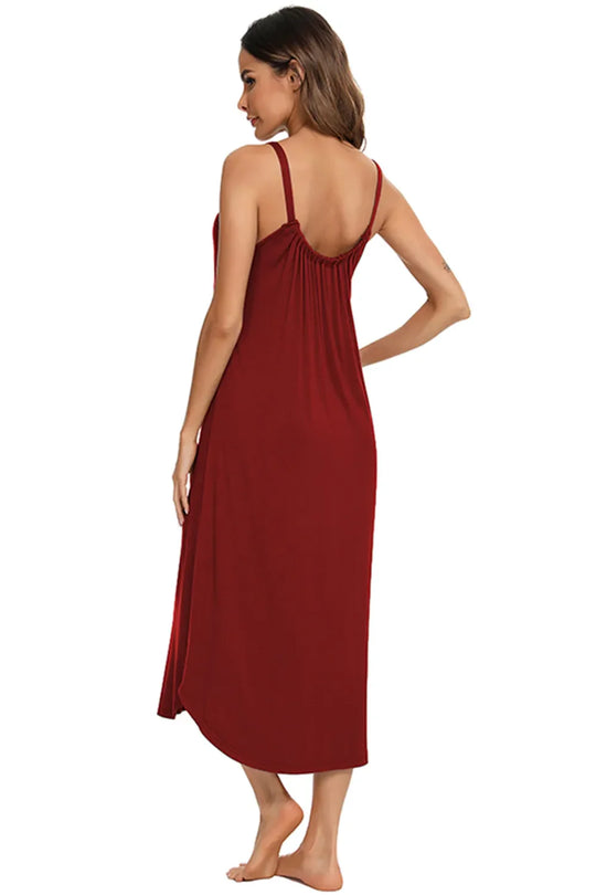 Scarlet V-neck midi lounge dress, back view with thin straps and gathered bodice