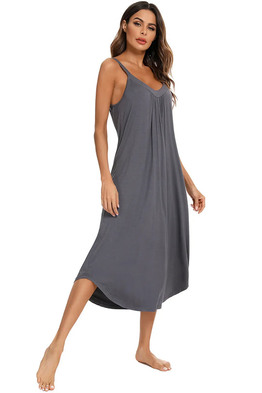 Dark gray V-neck midi lounge dress, sleeveless with gathered center and mid-calf length