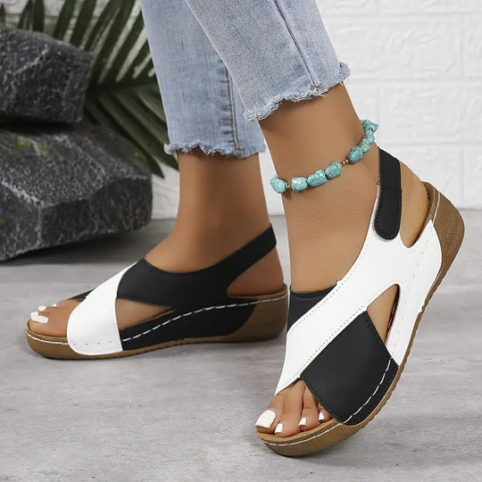 Colorblock wedge sandals, black and white straps with peep toe, platform sole