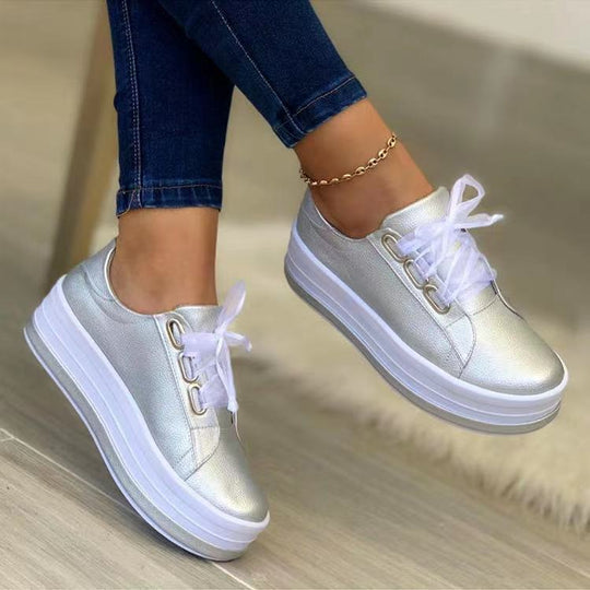 Silver metallic lace-up platform sneakers, round toe, tulle bow detail, white sole