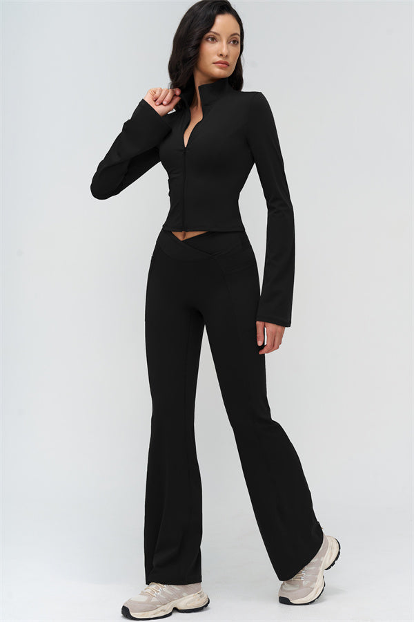 Black cropped zip jacket and flared leggings, athletic 2-piece set (close side view)