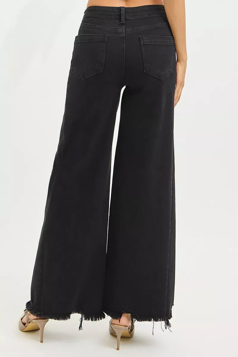 Black high-rise palazzo jeans with two back patch pockets and frayed hem