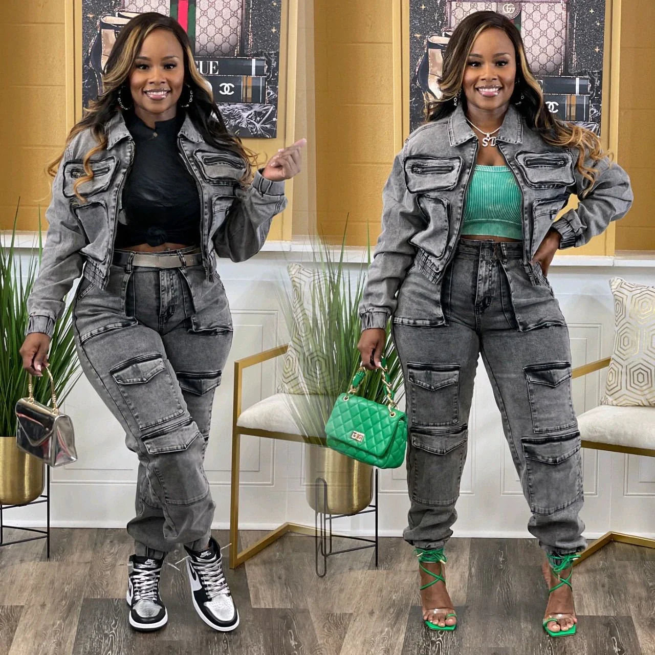 Dark gray denim zip-up jacket and cargo pants set, front view