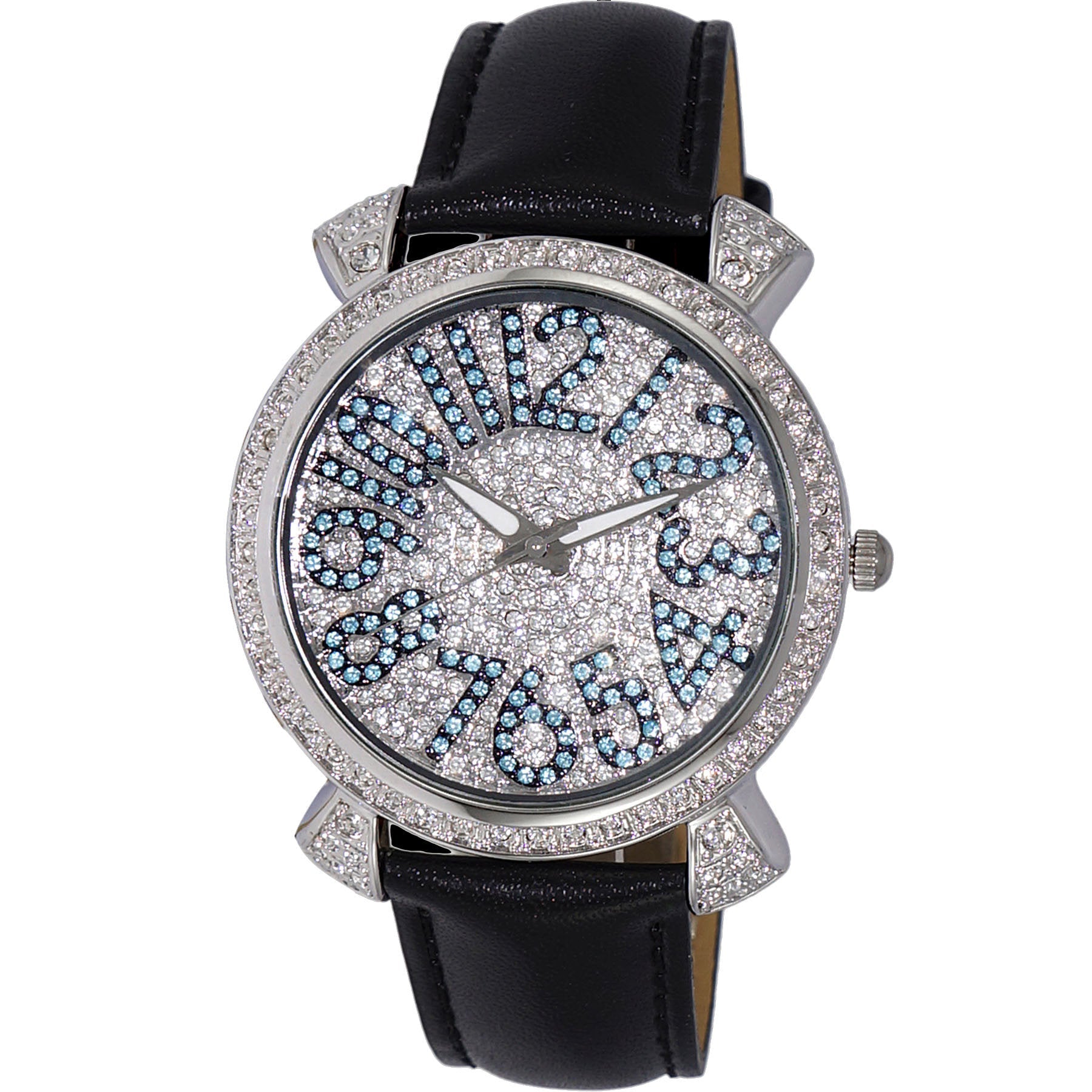 Men's Adee Kaye watch with black leather strap and blue diamond dial
