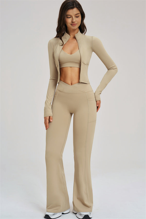 Almond sports bra and zip jacket with high-rise flared leggings, front view