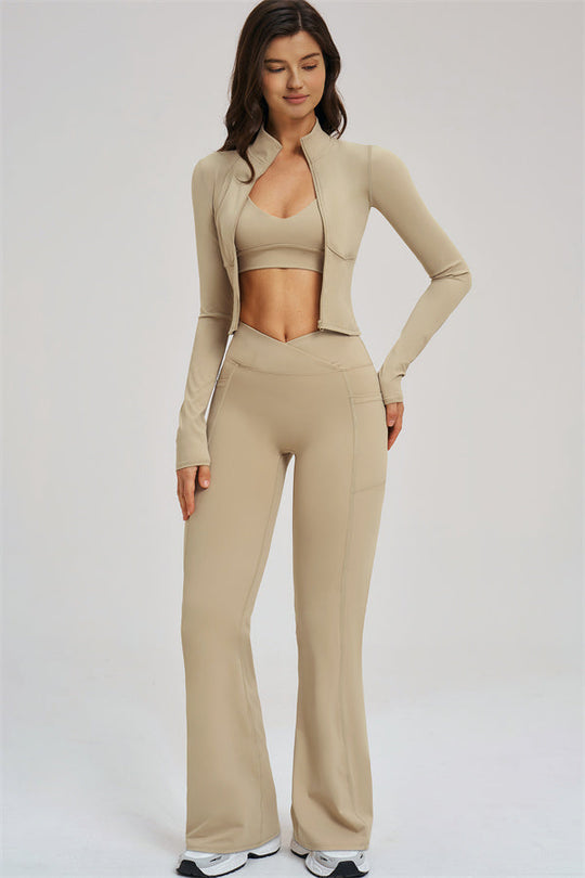 Almond sports bra and zip jacket with high-rise flared leggings, front view