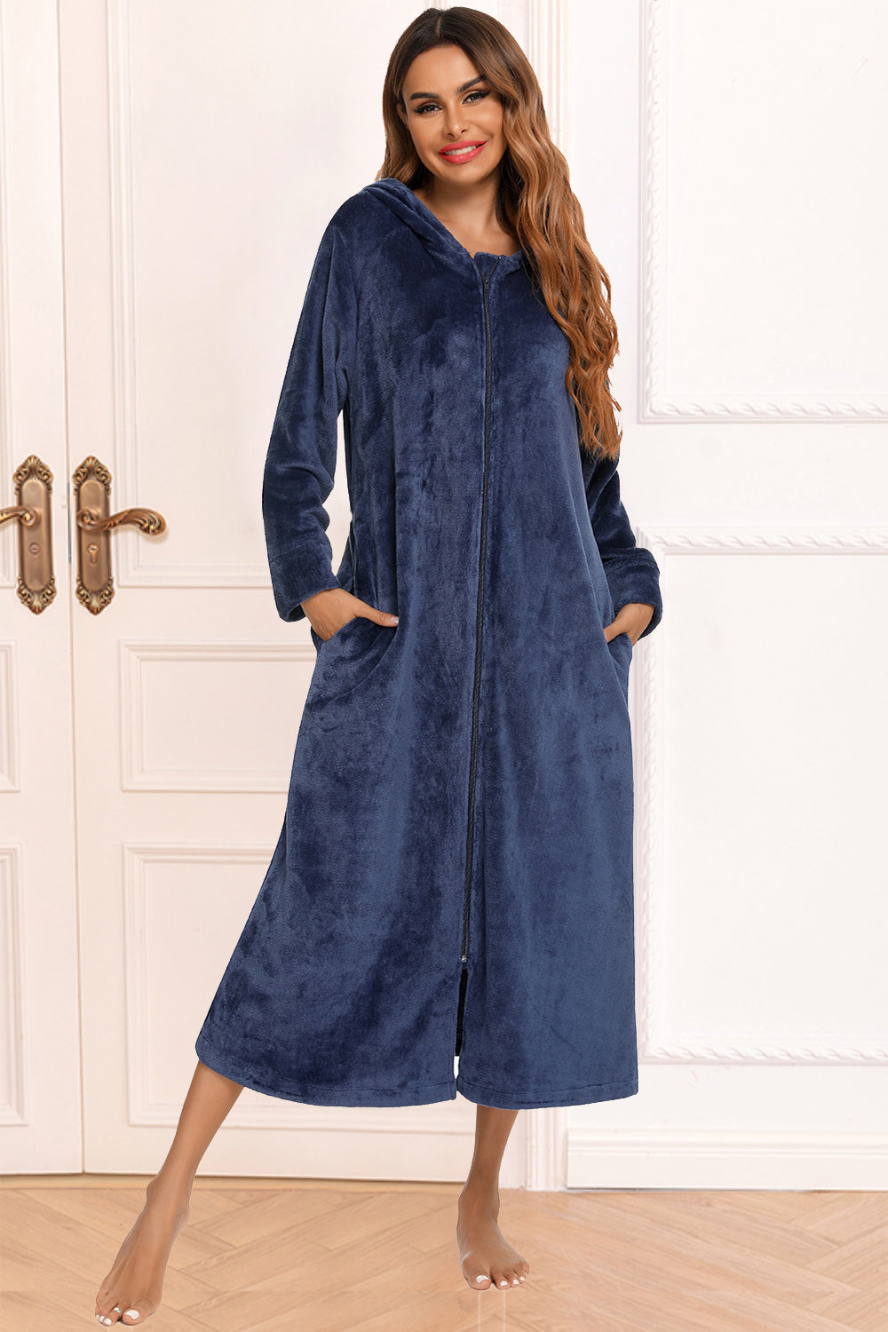 Navy zip-front hooded night dress with pockets, long sleeves, midi length
