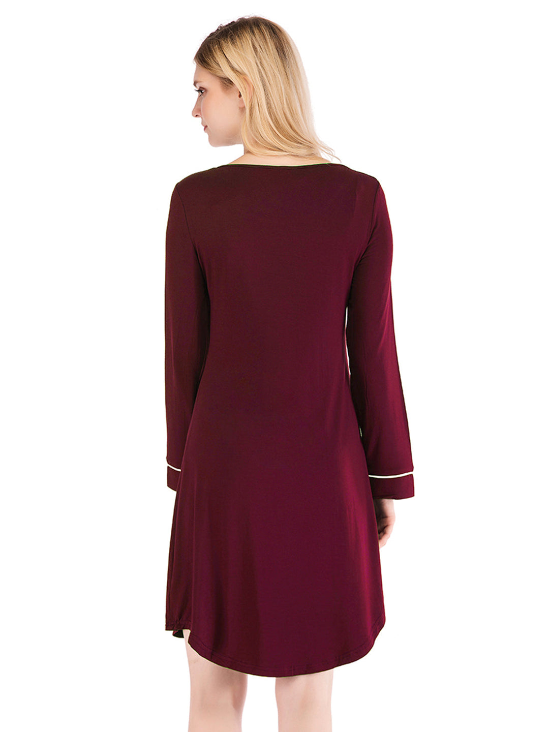 Rückansicht Nachtkleid mit Tasche, Wine, Rundhalsausschnitt, 3/4-Ärmel