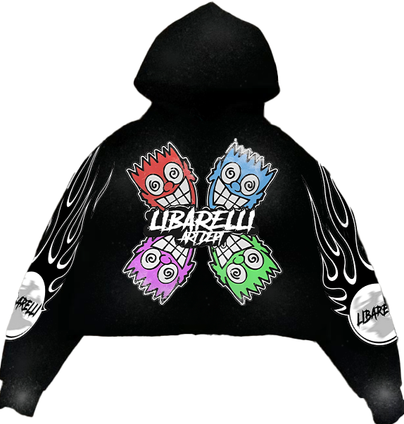 Black 4-way hoodie with colorful graphic front and flame-style prints on sleeves