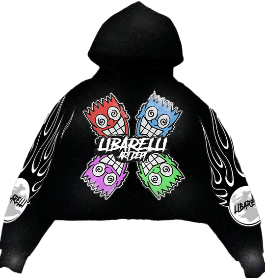 Black 4-way hoodie with colorful graphic front and flame-style prints on sleeves