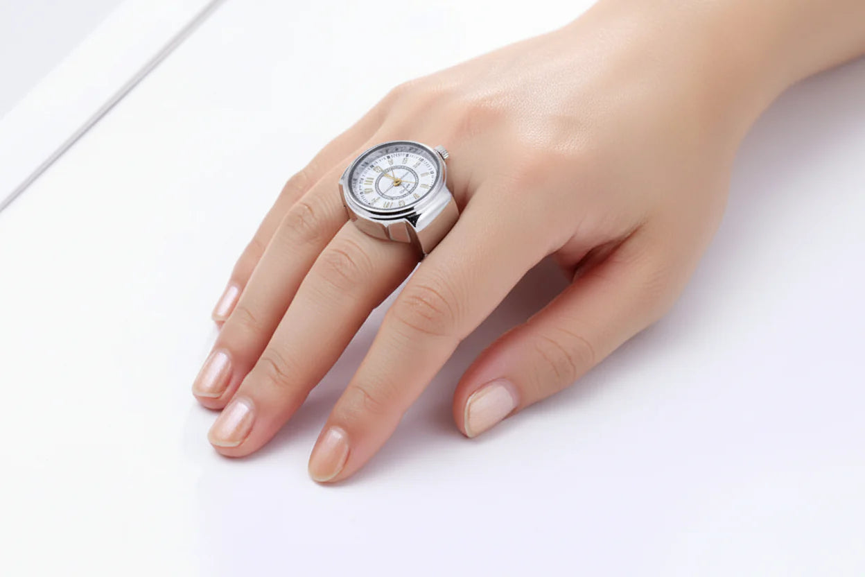 Silver stainless steel quartz ring watch on hand, round white dial