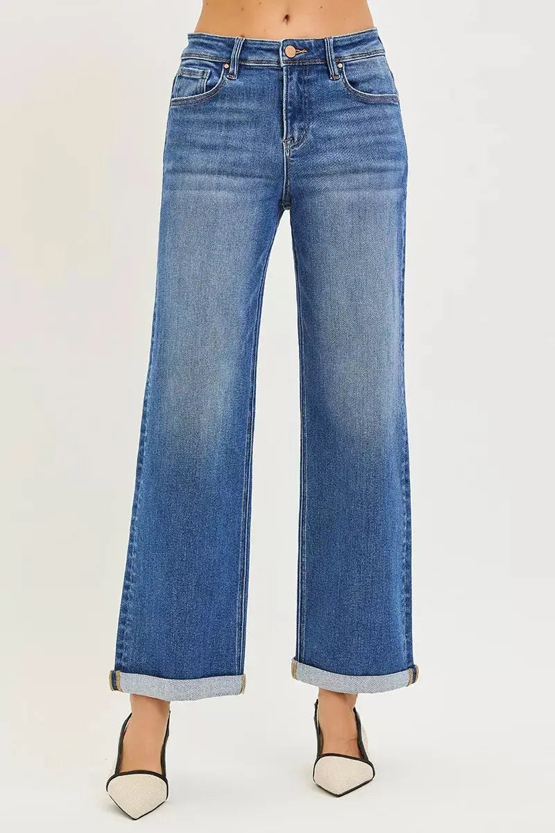 Medium wash straight ankle jeans with rolled cuff and high-rise waistband